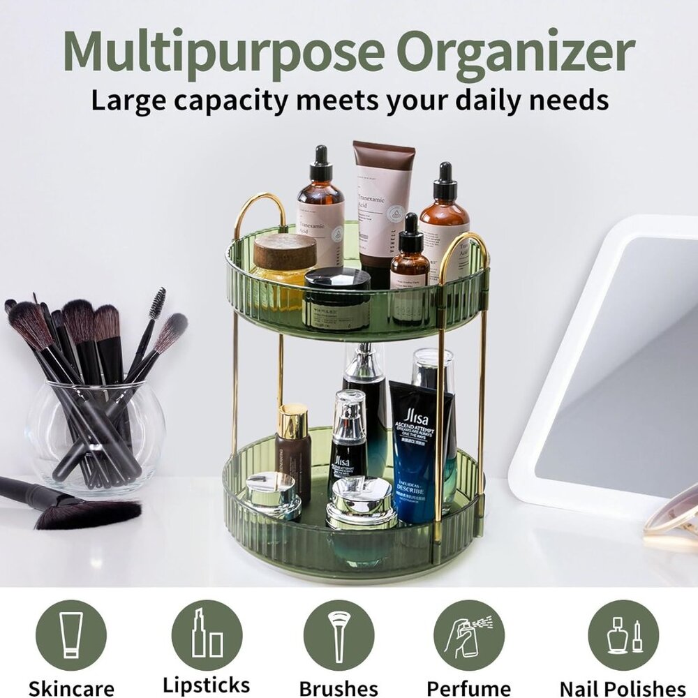 360 Rotating Makeup Organizer for Vanity 2 Tier Large Capacity Organizer Bathroo